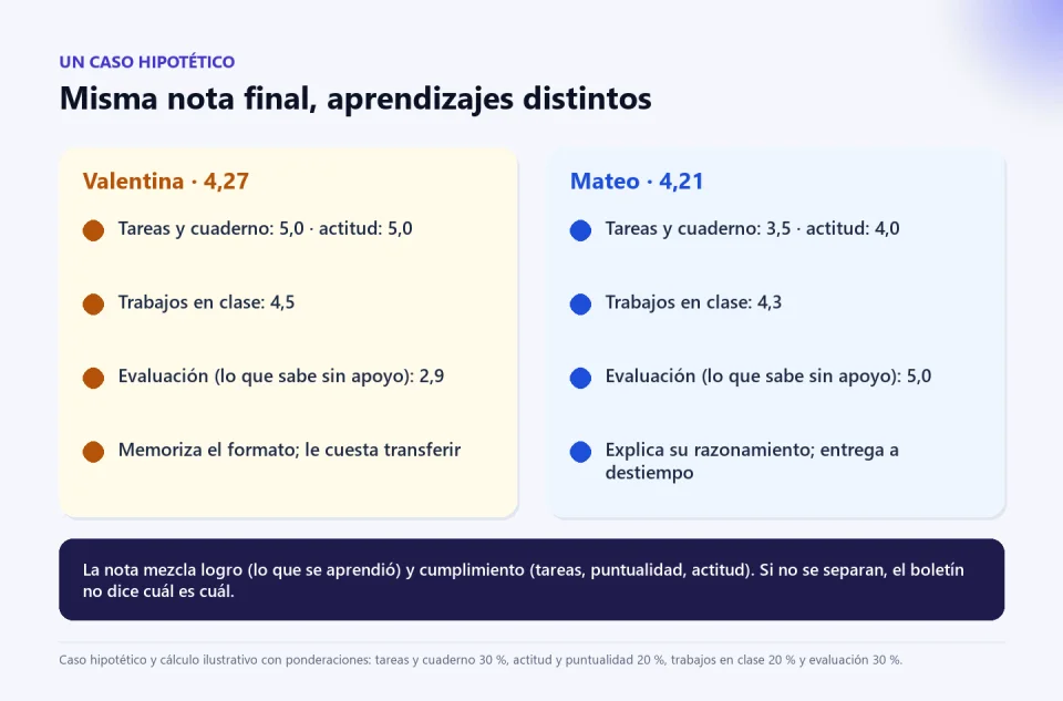 Comparación hipotética de dos estudiantes: Valentina cumple todo pero obtiene 2,9 en la evaluación y 4,27 de nota final; Mateo entrega tarde pero obtiene 5,0 en la evaluación y 4,21 de nota final.