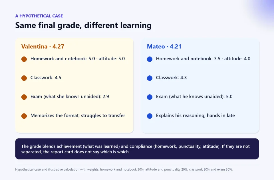 Hypothetical comparison of two students: Valentina complies with everything but gets 2.9 on the exam and a 4.27 final grade; Mateo hands in late but gets 5.0 on the exam and a 4.21 final grade.
