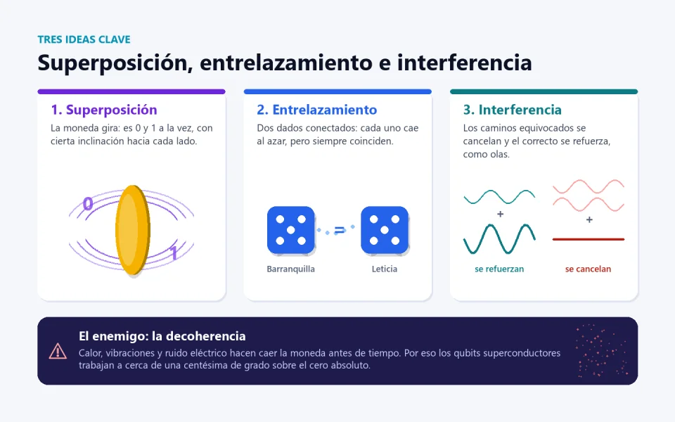 Tres ideas clave de la computación cuántica con analogías: superposición, una moneda que gira; entrelazamiento, dos dados conectados que siempre coinciden aunque estén en Barranquilla y Leticia; interferencia, ondas que se refuerzan o se cancelan. Abajo, la decoherencia: el ruido, el calor y las vibraciones hacen caer la moneda antes de tiempo