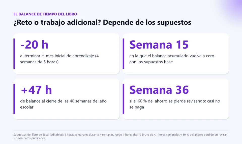Cuatro datos del balance de tiempo del libro: menos 20 horas al terminar el primer mes, equilibrio en la semana 15, más 47 horas al cierre del año y semana 36 si se pierde el 60 % del ahorro revisando.