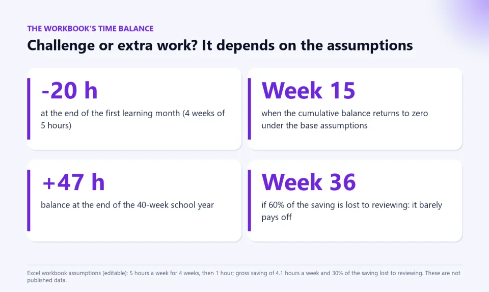 Four figures from the workbook's time balance: minus 20 hours after the first month, break-even in week 15, plus 47 hours at the end of the year and week 36 if 60% of the saving is lost to reviewing.