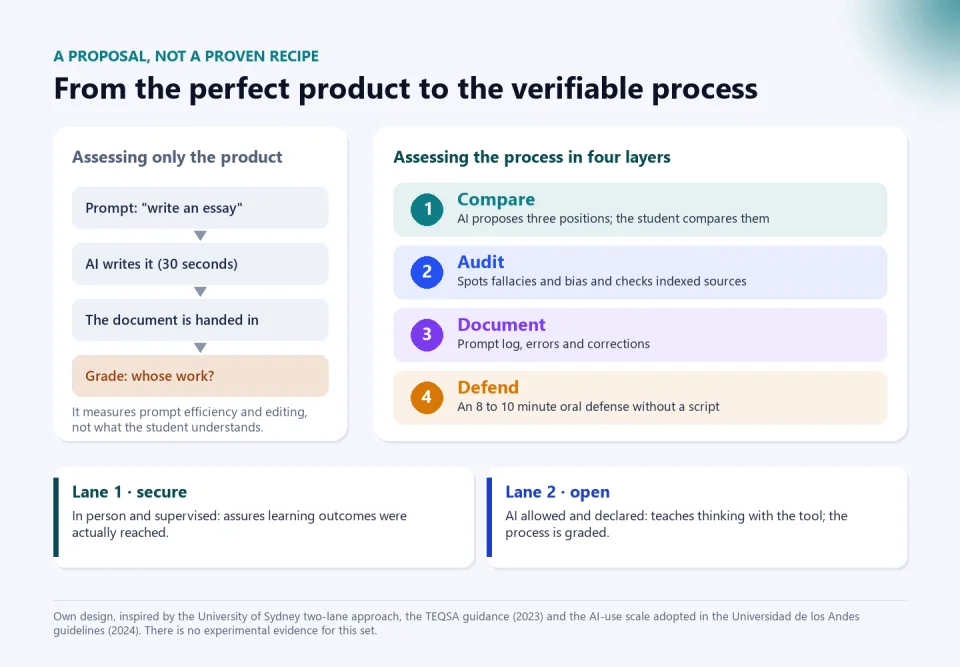 Diagram: assessing only the product (prompt, AI writes it, document handed in, grade whose work) versus assessing the process in four layers (compare, audit, document, defend) and, below, two lanes: lane 1 secure, in person and supervised, and lane 2 open, with AI allowed and declared