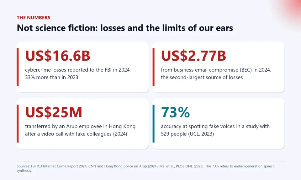 Four cards with figures: US$16.6 billion in cybercrime losses reported to the FBI in 2024, US$2.77 billion from business email compromise, US$25 million transferred by an Arup employee after a fake video call and 73% accuracy at spotting fake voices.