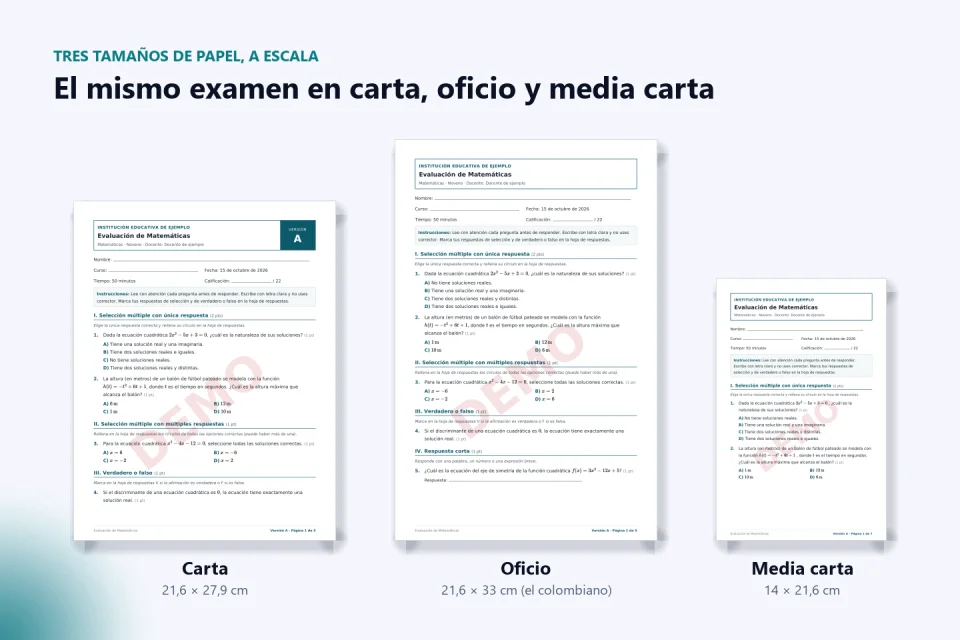 El mismo examen de matemáticas impreso a escala en papel carta, oficio y media carta, con sus medidas en centímetros