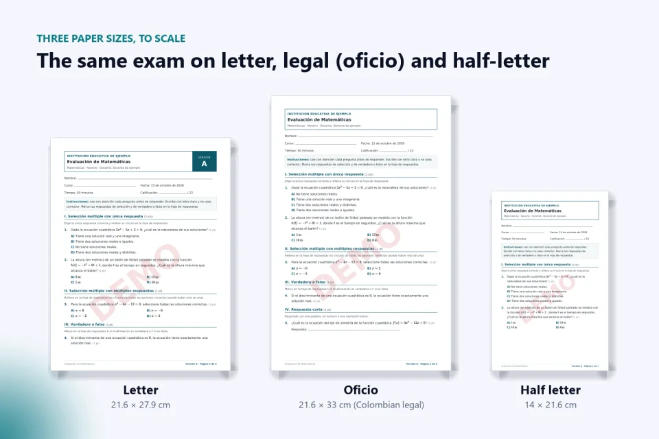 The same math exam printed to scale on letter, oficio and half-letter paper, with their sizes in centimeters