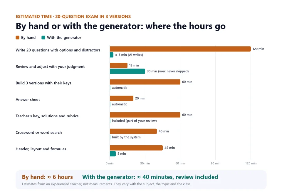 Bar chart comparing estimated time by hand and with the generator per task: writing questions, reviewing, building versions, answer sheet, teacher’s key, crossword and layout; about six hours by hand versus about forty minutes with the generator, review included