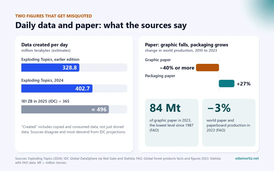 Chart with three estimates of data created per day (328.8, 402.7 and about 496 million terabytes) and another with the change in graphic paper (down 40 percent or more between 2010 and 2023) and packaging paper (up 27 percent), with 84 million tonnes of graphic paper in 2023