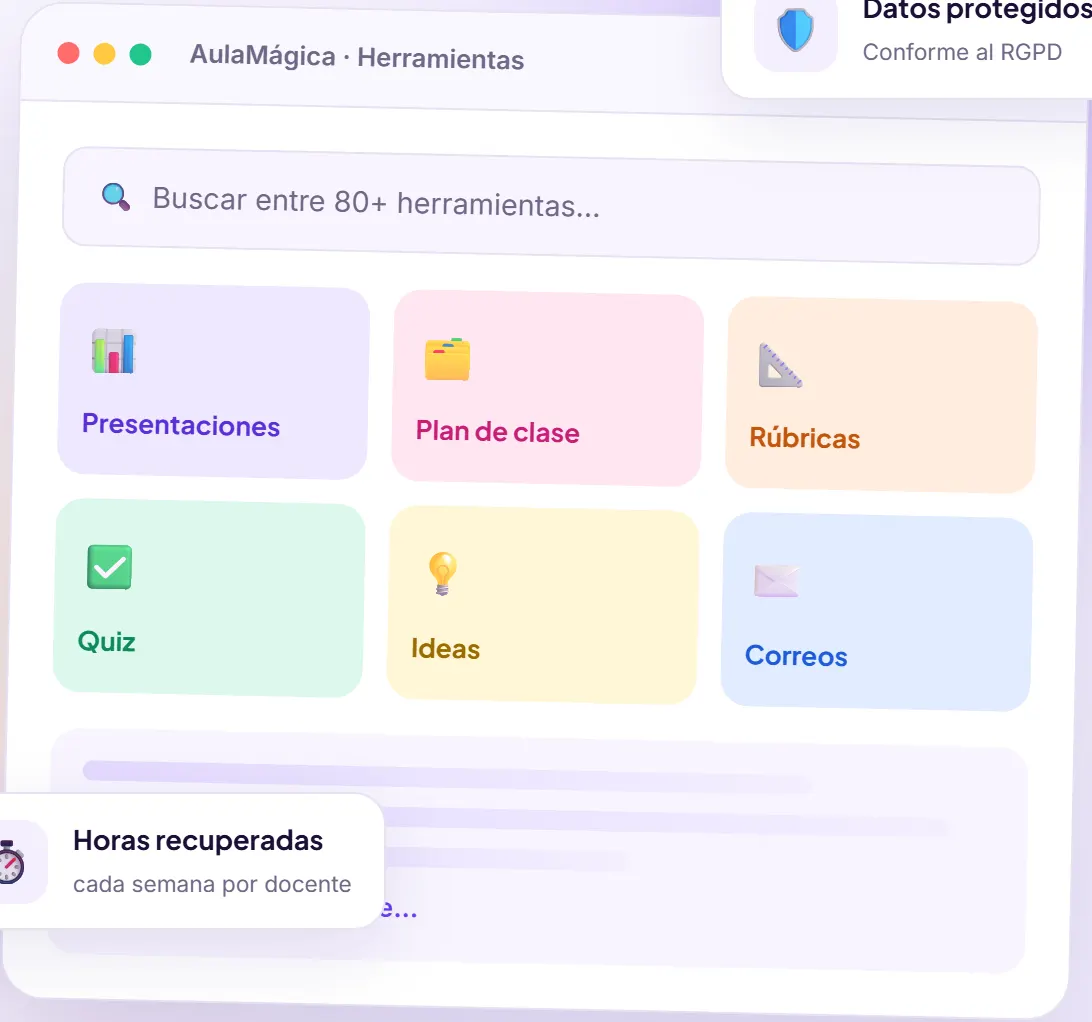 Buscador de herramientas de AulaMágica IA con accesos a presentaciones, plan de clase, rúbricas, quiz, ideas y correos