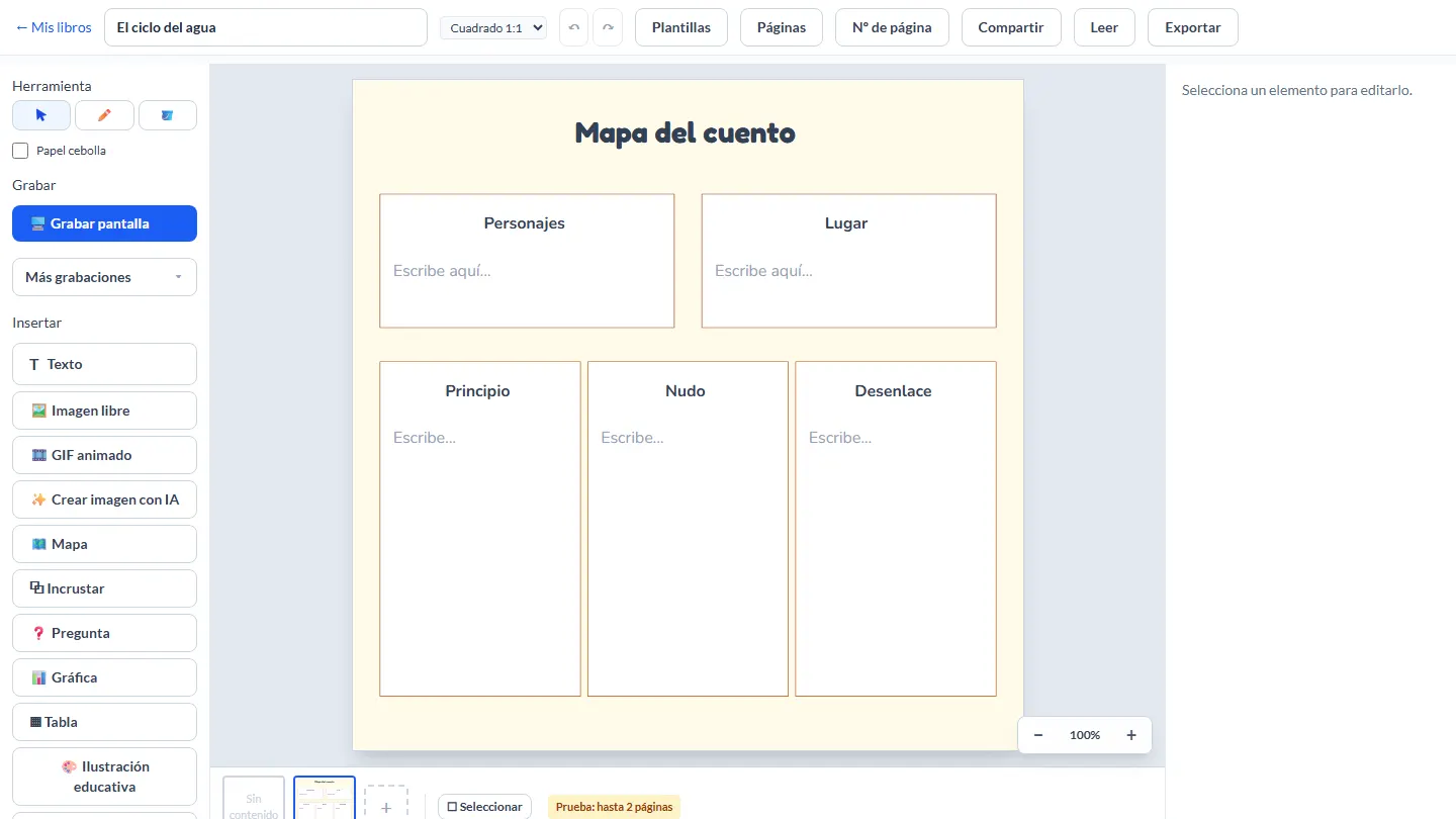 Editor de BookStudio con herramientas para insertar texto, imagen, mapa, pregunta y gráfica, y una página con la plantilla de mapa del cuento