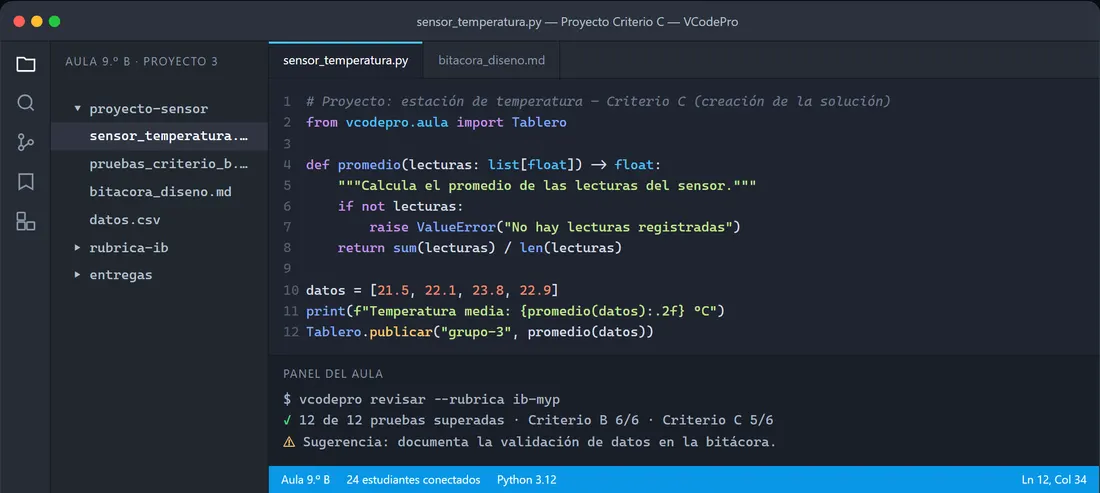 Editor VCodePro con un proyecto en Python de estación de temperatura y el panel del aula que revisa el trabajo con la rúbrica del IB