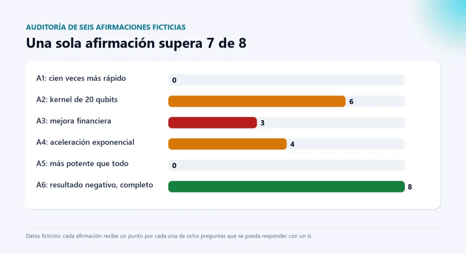 Gráfico de barras con el puntaje, de 8, de seis afirmaciones ficticias auditadas: 0, 6, 3, 4, 0 y 8.