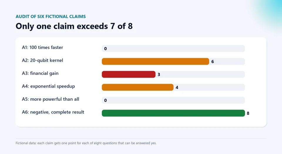 Bar chart of the score, out of 8, of six audited fictional claims: 0, 6, 3, 4, 0 and 8.