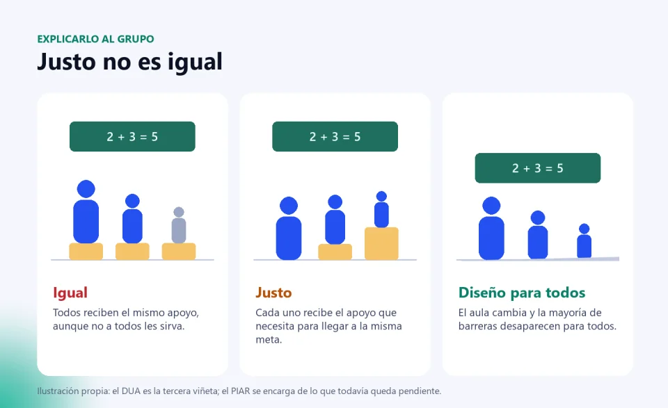 Tres viñetas con estudiantes de distintas estaturas frente a un tablero: igual, todos con el mismo apoyo; justo, cada uno con el apoyo que necesita; diseño para todos, el tablero se baja y nadie necesita apoyo