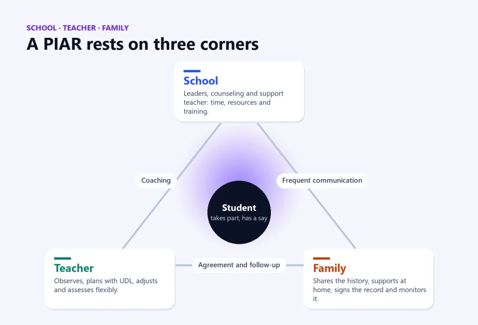 Triangle diagram with the student at the center and three corners: school, teacher and family, linked by coaching, frequent communication and agreement and follow-up