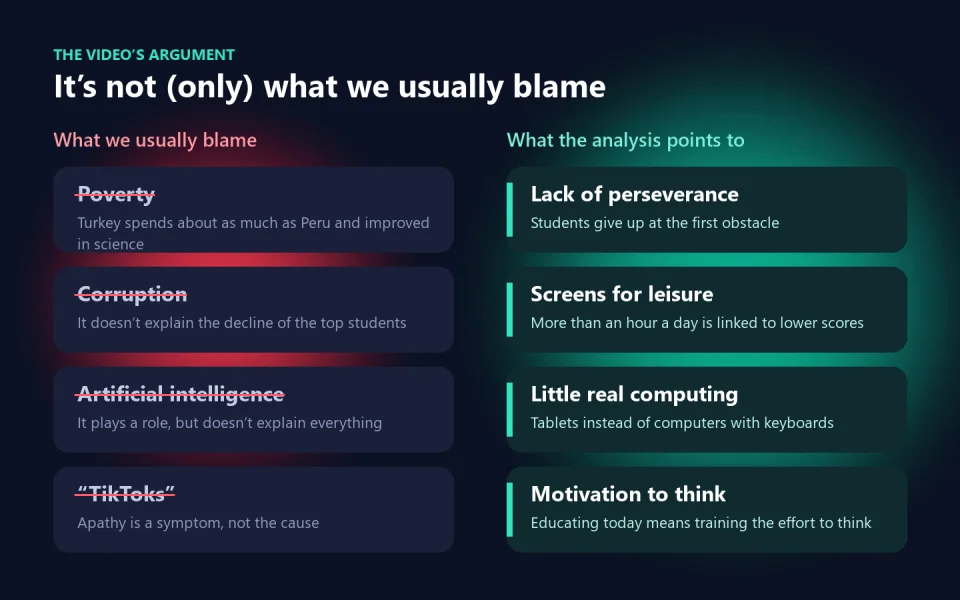 Comparison between what we usually blame (poverty, corruption, artificial intelligence, social media) and what the analysis points to (lack of perseverance, screens for leisure, little real computing and motivation to think)