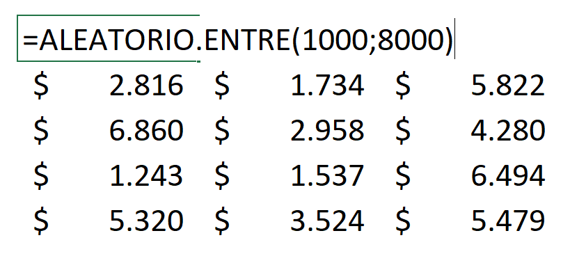Estructura de la función ALEATORIO.ENTRE para generar números aleatorios en Excel. se muestra ejemplo de aplicación en la imagen.
